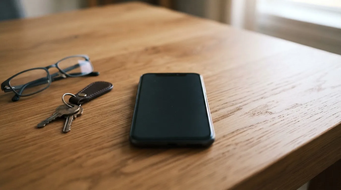 Ein Smartphone liegt mit dunklem Display auf einem Holztisch neben einem Schlüsselbund und einer Brille im Licht eines Fensters.