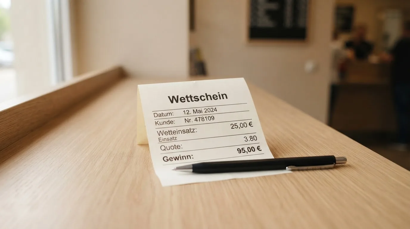 Ein leerer Papier-Wettschein und ein Kugelschreiber liegen auf einer Theke aus hellem Holz im Tageslicht.