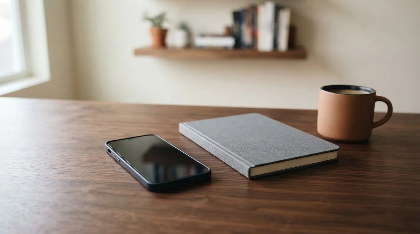 Ein Smartphone liegt mit dunklem Display auf einem Schreibtisch neben einem Notizbuch und einer Kaffeetasse.