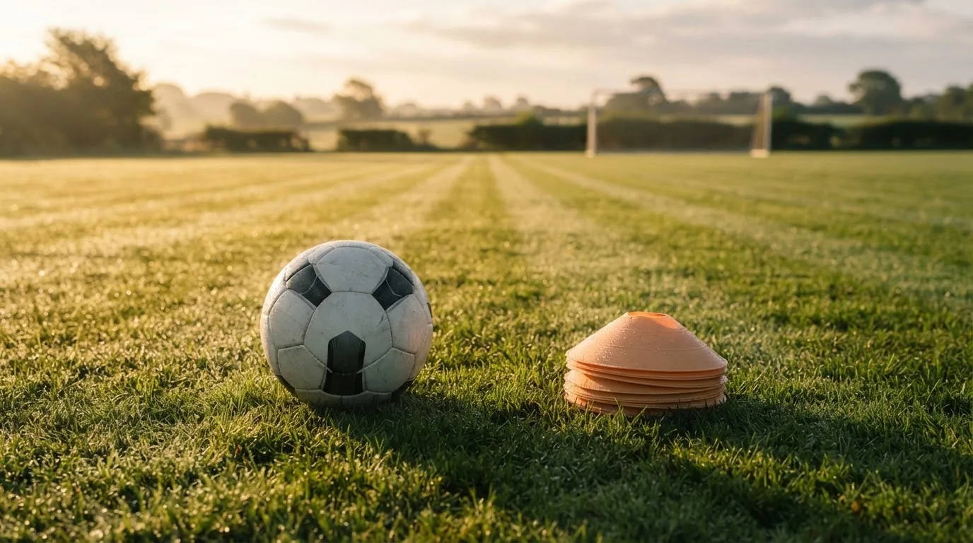 Ein Fußball liegt auf einem Rasenplatz bei Sonnenaufgang, daneben ein kleiner Stapel Trainingshütchen.