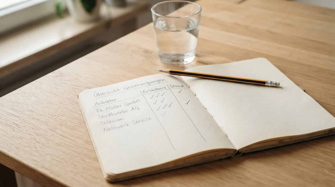 Ein Notizbuch mit handgezeichneten Spalten und ein Bleistift liegen auf einem hellen Holztisch neben einem Glas Wasser.