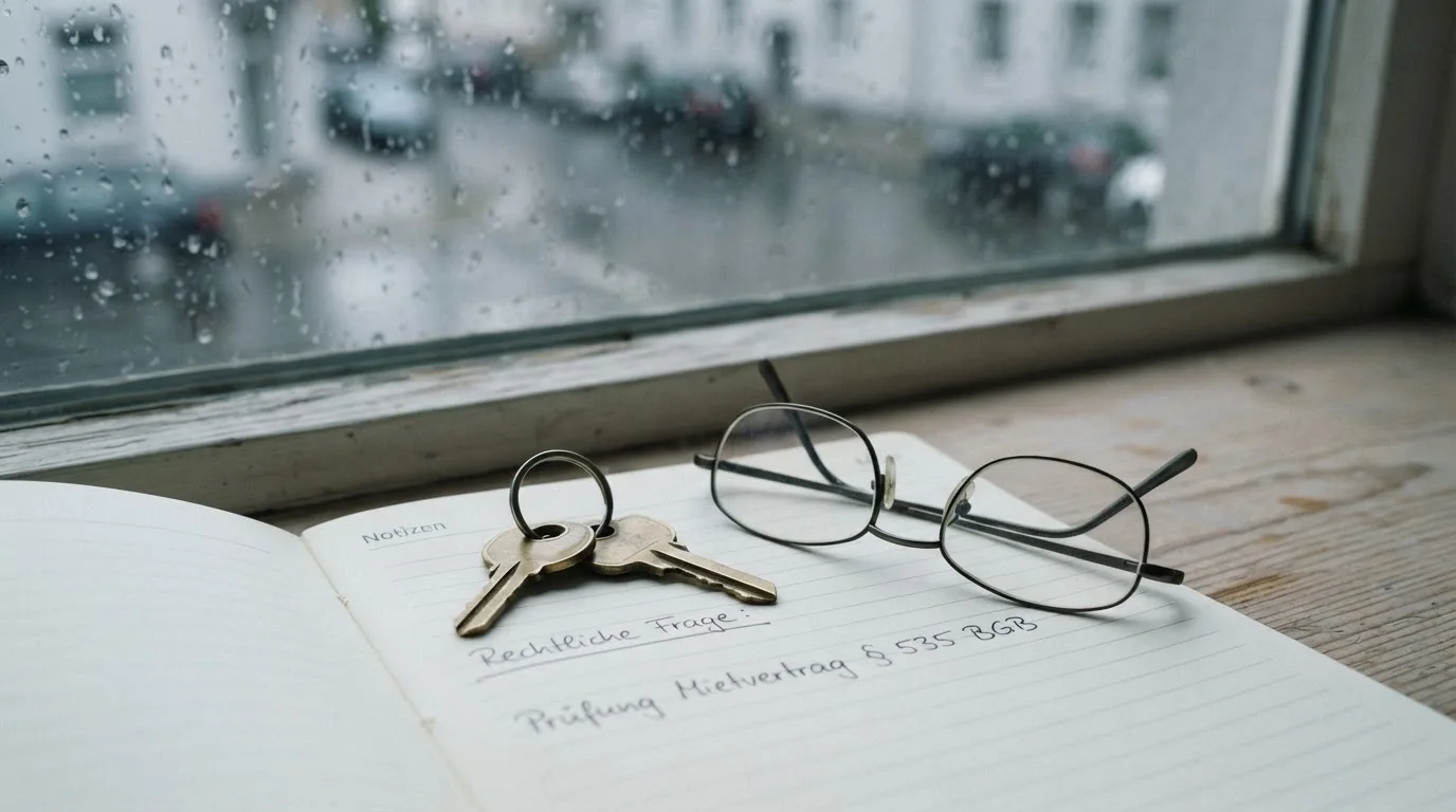 Ein Schlüsselbund und eine Brille liegen auf einem leeren Block neben einem Fenster mit Regentropfen.