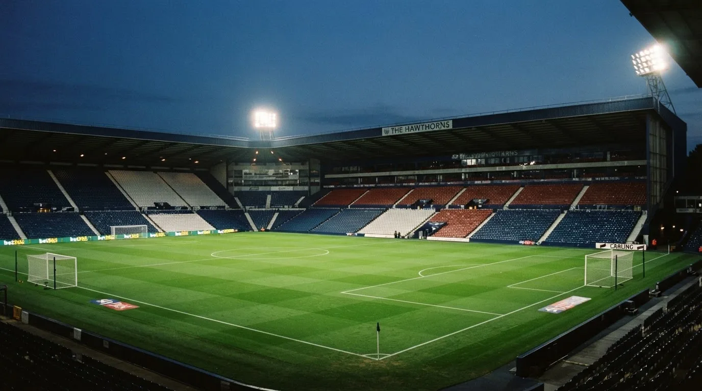 Eine leere Stadiontribüne unter Flutlicht aus der Ferne betrachtet, die Rasenfläche leuchtet grün in der Dämmerung.