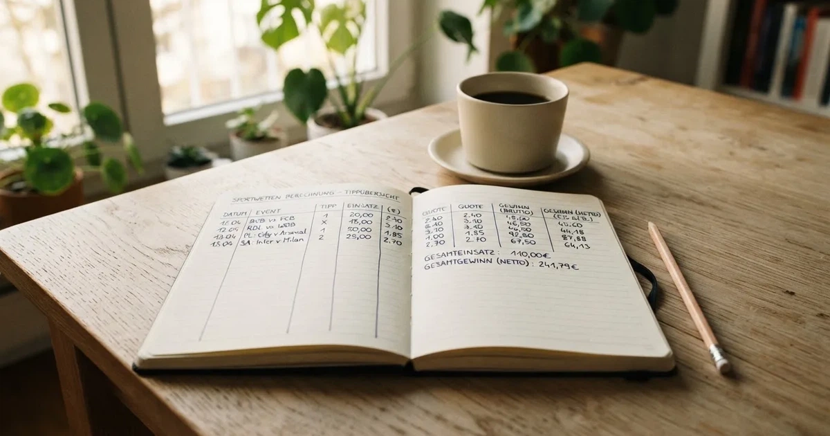 Handschriftliche Zahlenkolonnen in einem Notizbuch, daneben ein Bleistift und eine Tasse Kaffee auf hellem Holz.