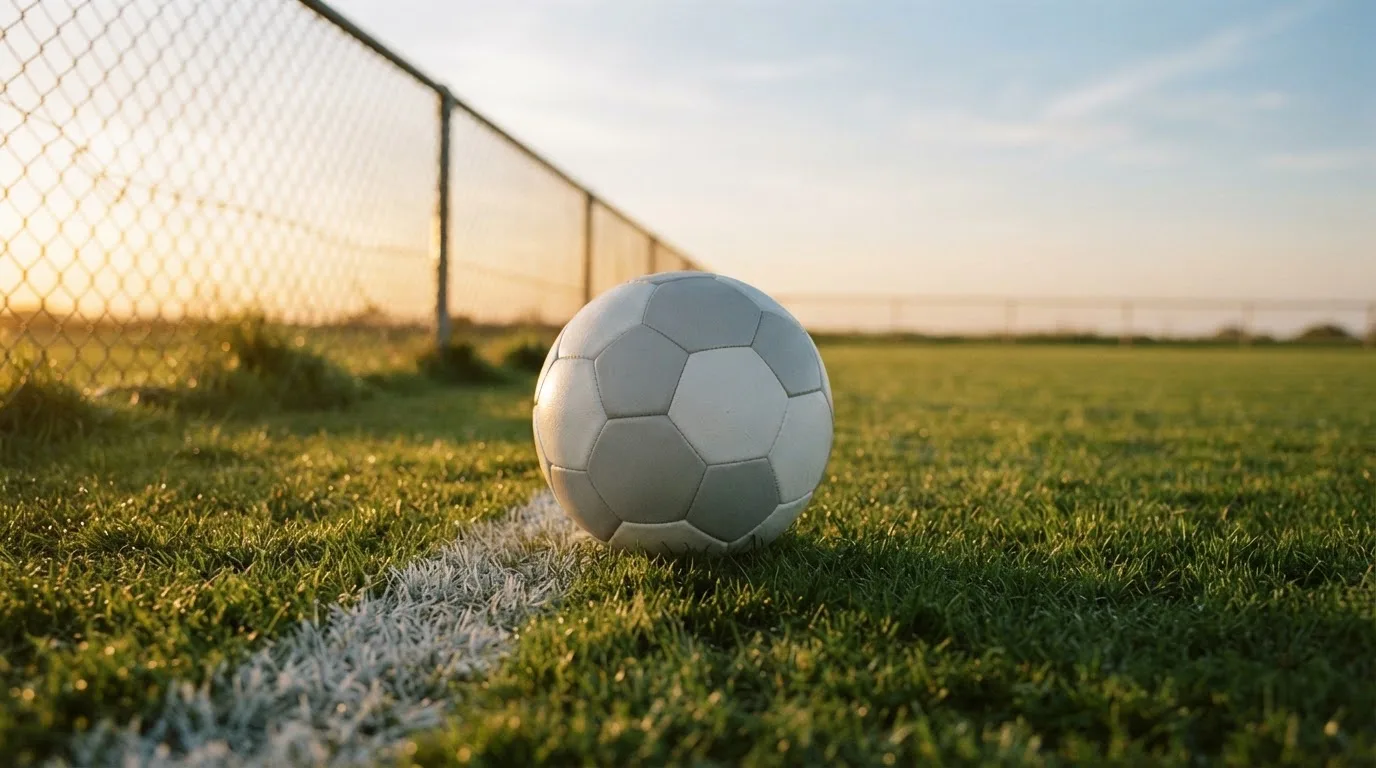 Ein Fußball liegt am Rand eines Rasens neben einer weißen Linie, im Hintergrund ein Zaun in der Abendsonne.