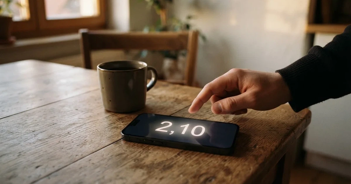 Ein Daumen schwebt über einem Smartphone mit dunklem Display, das auf einem Küchentisch neben einer Tasse liegt.