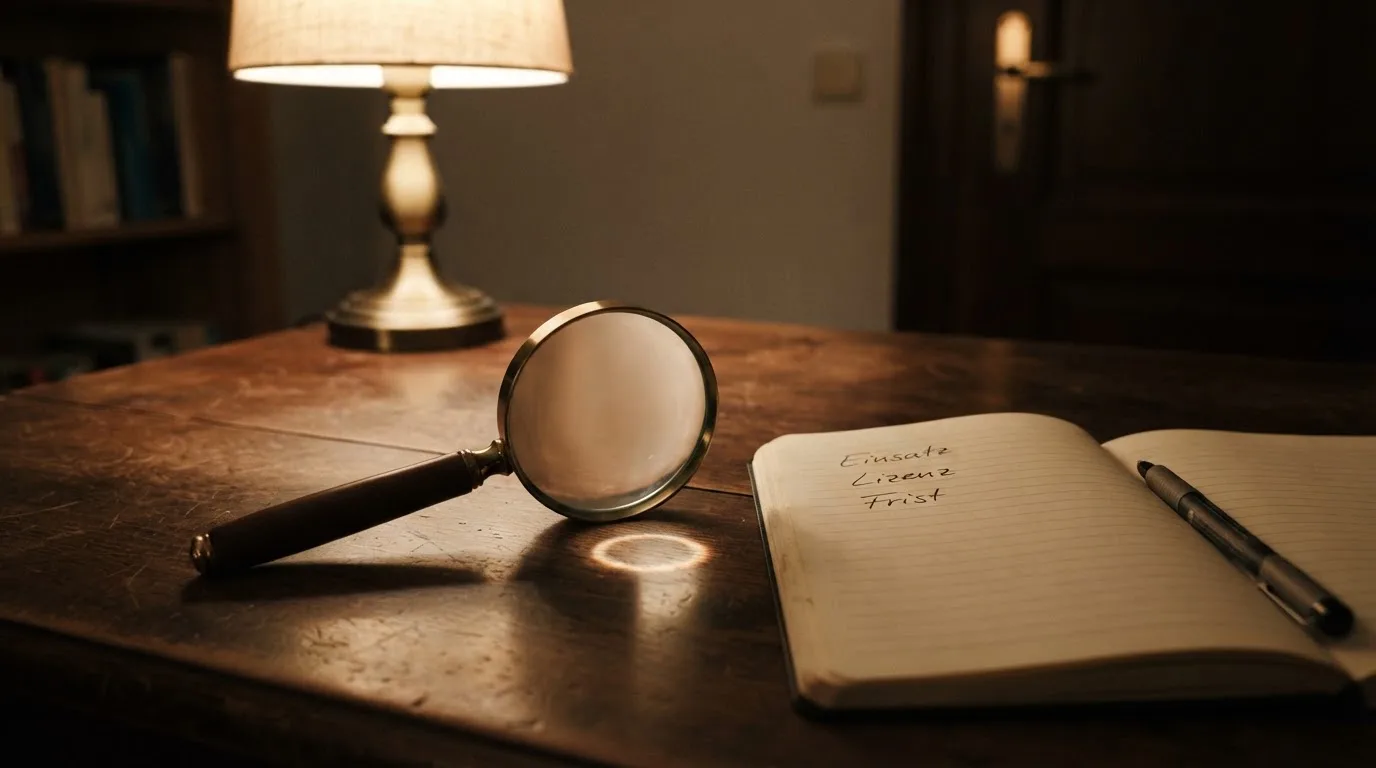 Ein Schreibtisch mit Lupe, Kugelschreiber und einem leeren Notizblock unter einer Lampe in einem ruhigen Raum.