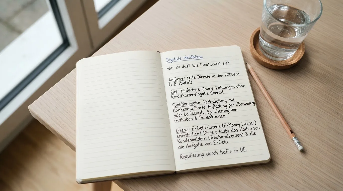 Ein Notizbuch und ein Bleistift liegen neben einem Glas Wasser auf einem hellen Tisch.