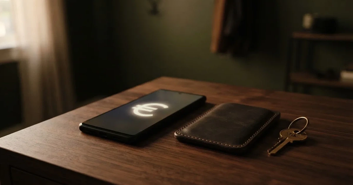 Ein Smartphone mit dunklem Display liegt neben einer Geldbörse und einem Schlüssel auf einem Tisch.