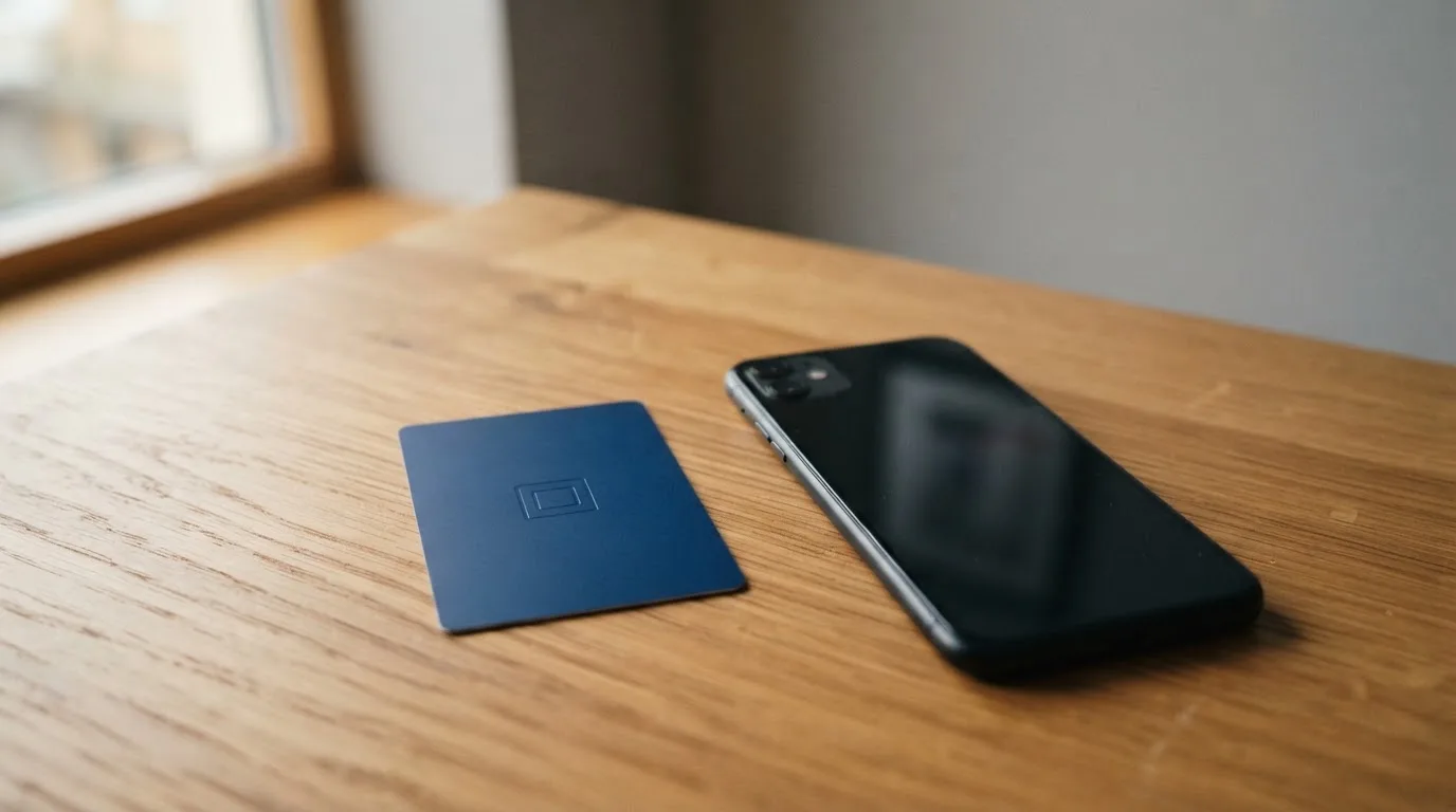 Eine Bankkarte ohne Aufdruck liegt neben einem Smartphone mit dunklem Display auf einem Holztisch.