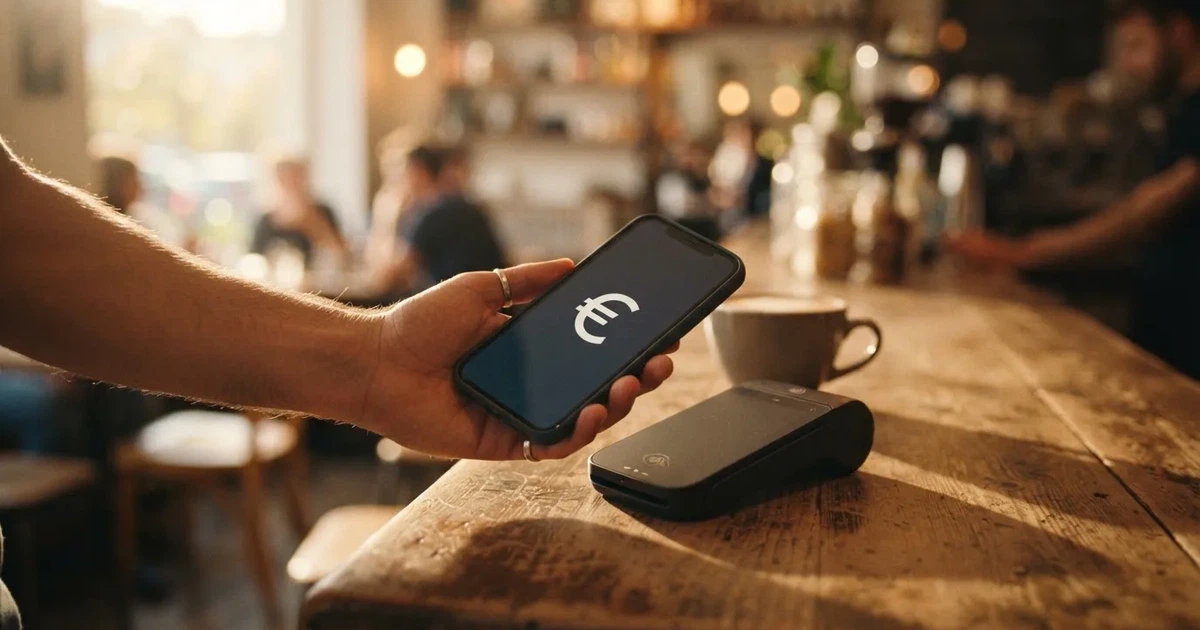 Eine Hand hält ein Smartphone dicht an ein Kartenlesegerät ohne erkennbare Beschriftung in einem Café.
