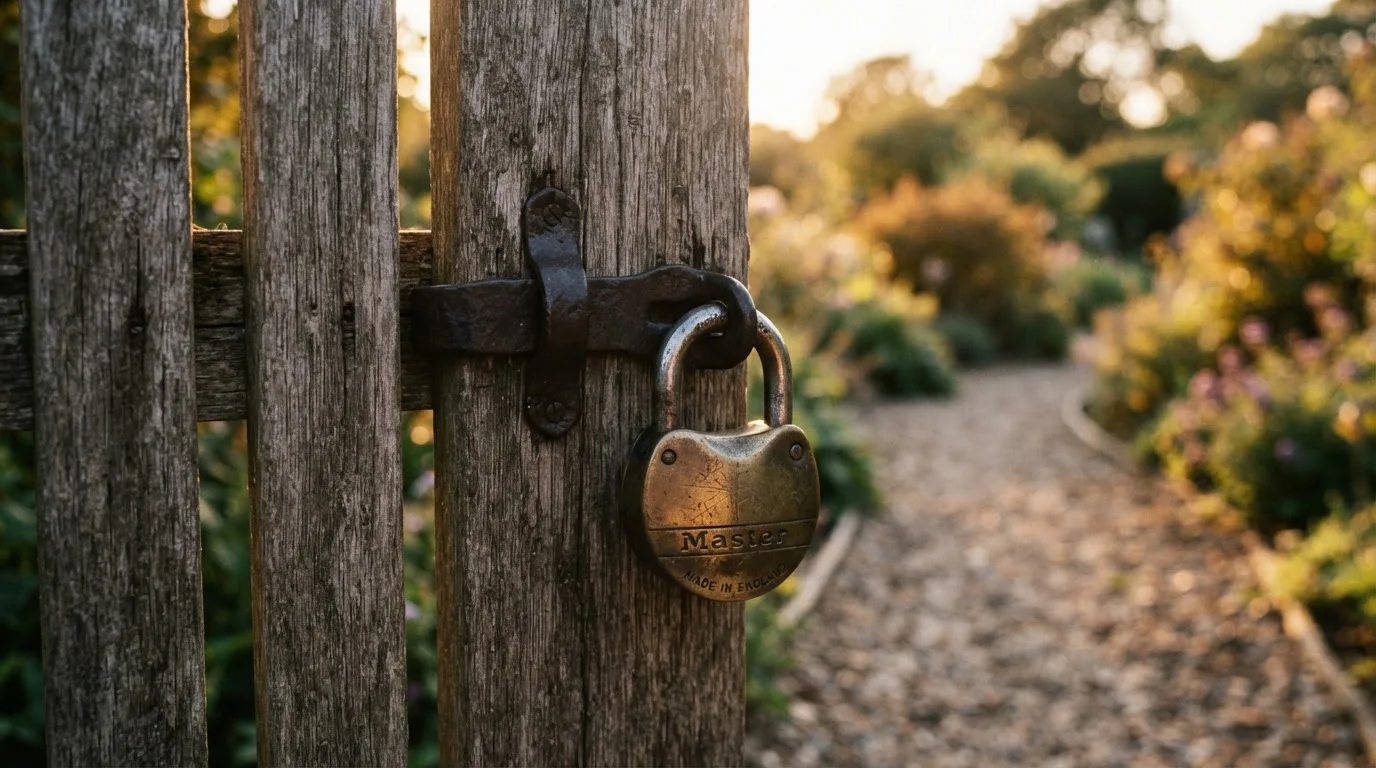 Ein Vorhängeschloss hängt an einem Gartentor im Abendlicht, dahinter ein unscharfer Weg.