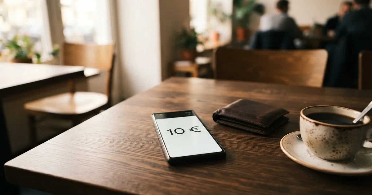 Ein Smartphone mit dunklem Display liegt auf einem Tisch neben einer Geldbörse und einer Tasse Kaffee.