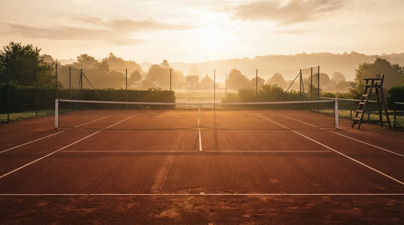 Ein Tennisplatz aus Sand bei Sonnenaufgang, das Netz im Gegenlicht, kein Mensch zu sehen.