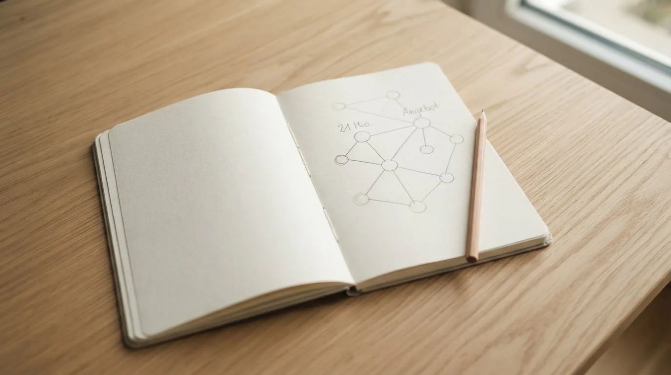 Ein Notizbuch mit handgezeichneten Knoten und Linien liegt neben einem Bleistift auf einem Schreibtisch.