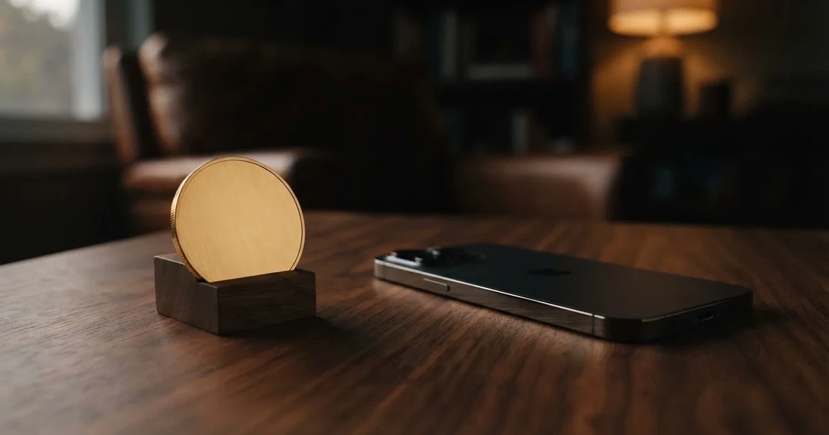 Eine einzelne goldfarbene Münze ohne Prägung liegt auf einem dunklen Tisch, daneben ein ausgeschaltetes Smartphone.