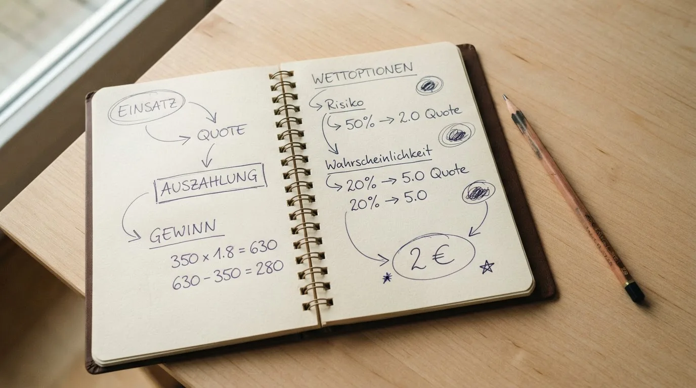 Ein Notizbuch mit handgezeichneten Pfeilen und Kreisen liegt neben einem Bleistift auf einem hellen Tisch.
