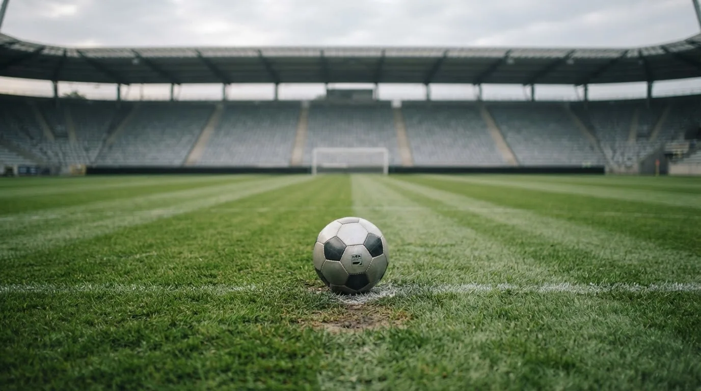 Ein Fußball liegt auf dem Anstoßpunkt eines leeren Rasenplatzes, im Hintergrund eine ruhige Tribüne unter bedecktem Himmel.