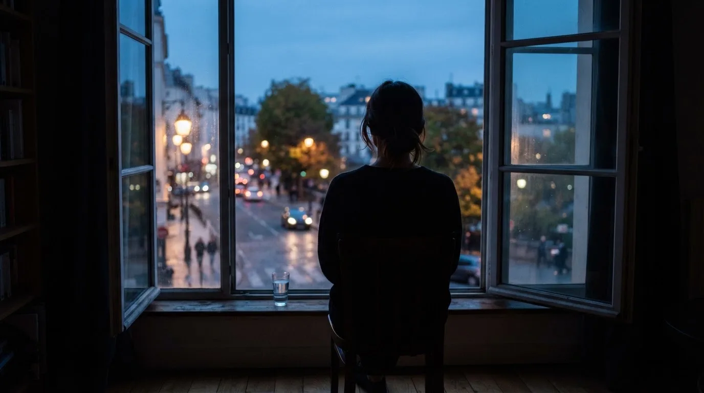 Die Silhouette einer Person sitzt am Abend am Fenster und blickt auf eine Straße, auf dem Fensterbrett steht ein Glas Wasser.