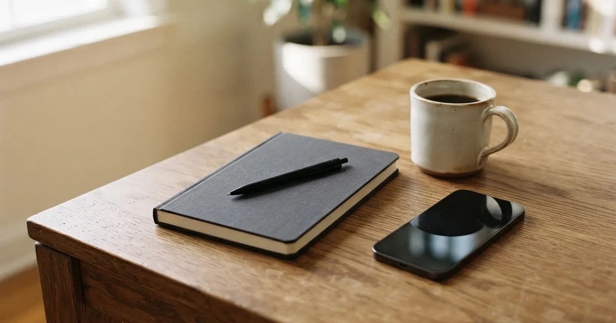 Ein Holzschreibtisch im Morgenlicht mit geschlossenem Notizbuch, Kugelschreiber und Kaffeetasse, daneben ein Smartphone mit dunklem Bildschirm.