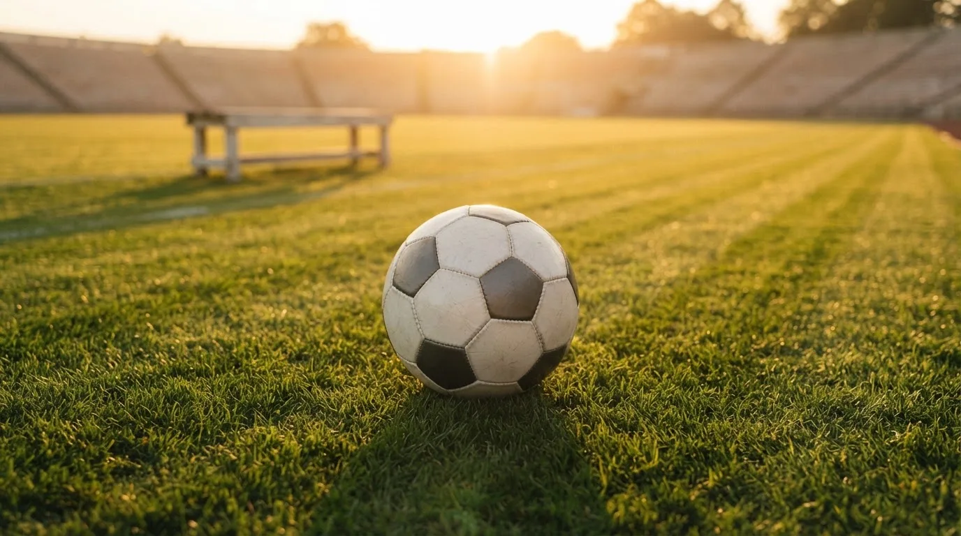 Ein Fußball auf einem Rasenplatz im Gegenlicht der tiefstehenden Sonne, am Spielfeldrand eine leere Ersatzbank.