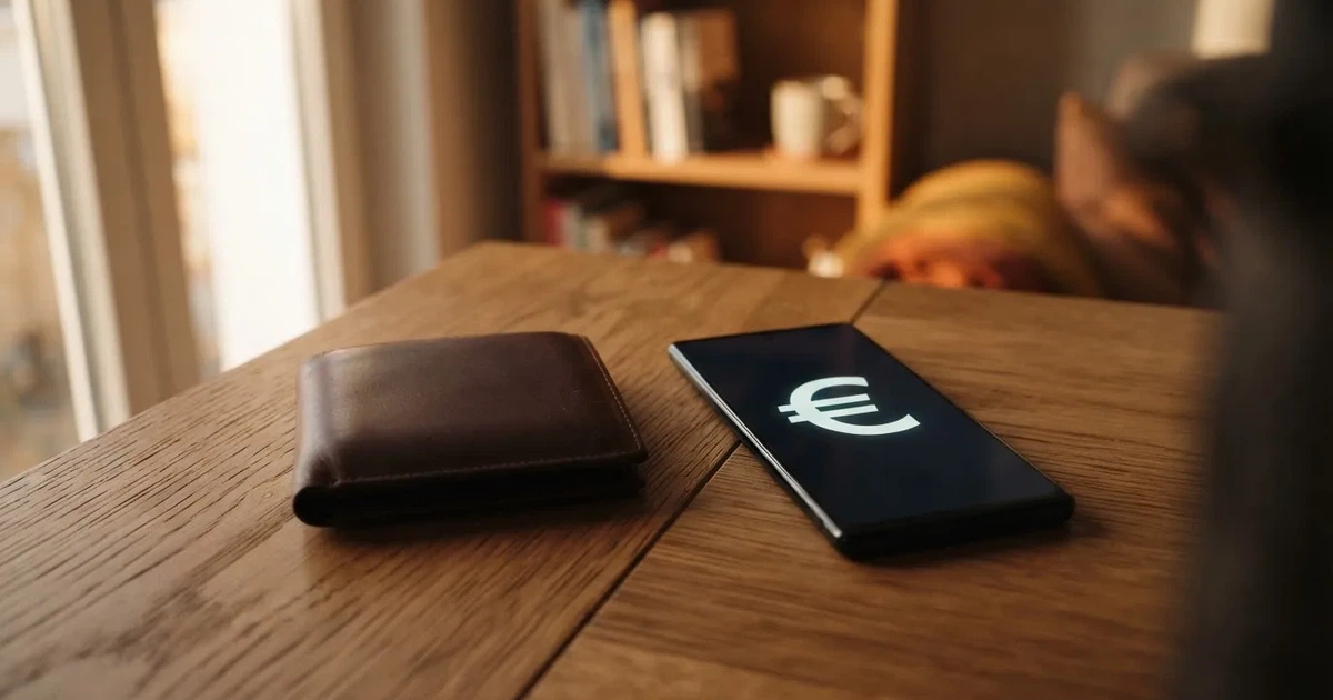 Ein Smartphone mit dunklem Bildschirm liegt neben einer Geldbörse und wenigen Münzen auf einem Holztisch im weichen Fensterlicht.