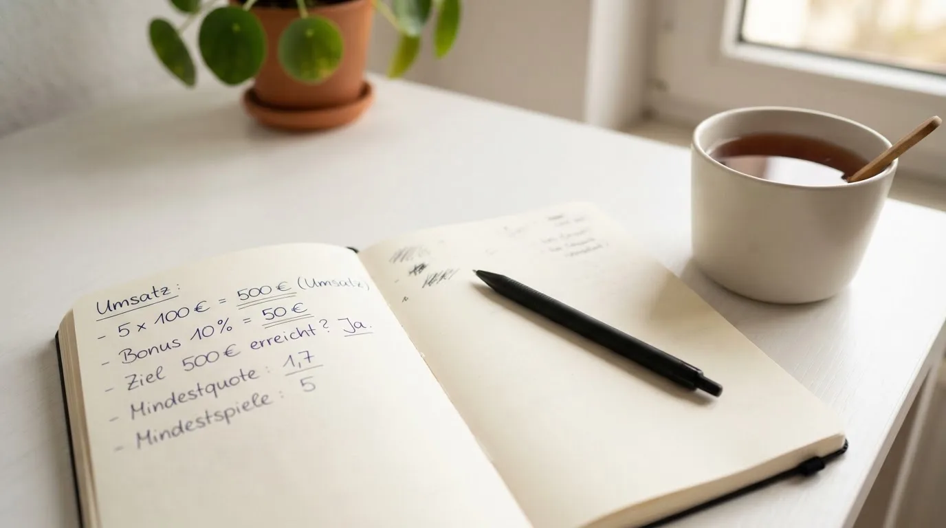 Ein Notizbuch mit handgeschriebenen Rechnungen und ein Taschenrechner auf einem hellen Schreibtisch neben einer Tasse Tee.