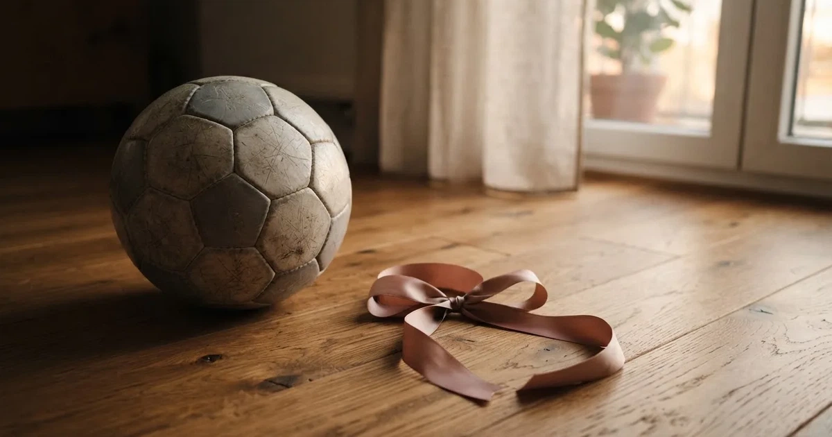 Ein Geschenkband liegt neben einem Fußball auf einem Holzboden, gedämpftes Licht fällt von einem Fenster herein.