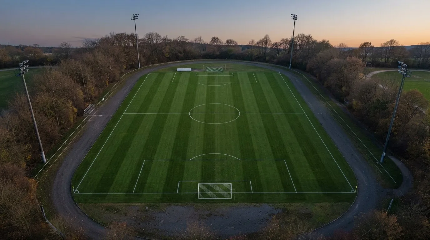 Ein Fußballplatz am Abend aus der Vogelperspektive, Flutlichtmasten ausgeschaltet, die Rasenlinien deutlich sichtbar.
