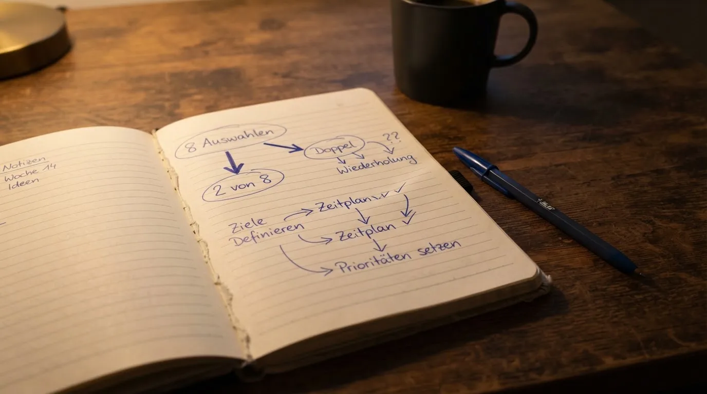 Ein Notizbuch mit handgezeichneten Pfeilen und Kreisen liegt neben einem Kugelschreiber auf einem Schreibtisch im Abendlicht.