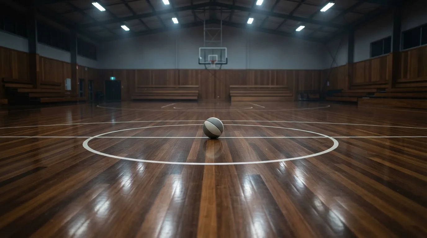 Ein Basketballfeld in einer leeren Halle, das Parkett spiegelt das Licht der Deckenlampen.