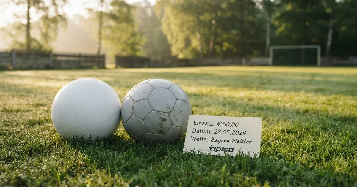 Zwei Fußbälle auf einem Rasen neben einem leeren Wettschein aus Papier, aufgenommen im Morgenlicht.