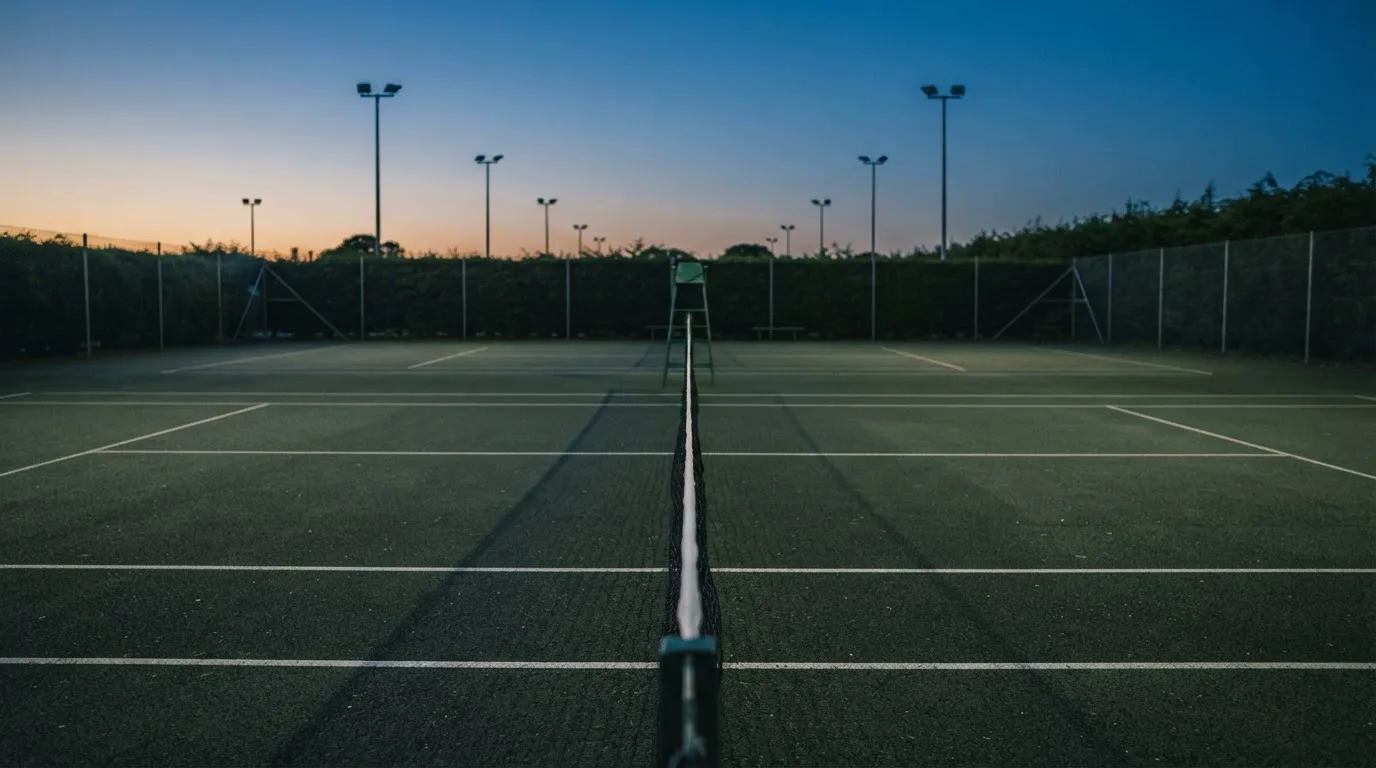 Ein Tennisplatz in der Dämmerung, Netz und Linien im Zwielicht, ohne Menschen und mit ruhigem Himmel.