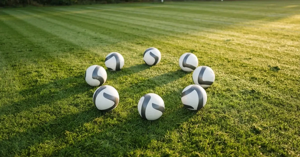 Sechs Fußbälle in einem Kreis auf einem gepflegten Rasen, von oben aufgenommen, gleichmäßiges Tageslicht.
