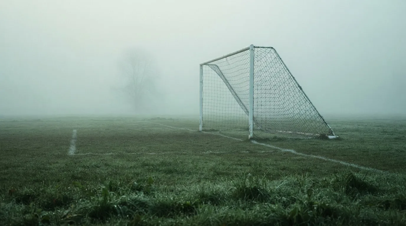 Ein Fußballtor mit Netz im Morgennebel auf einem leeren Platz, die Linien nur schwach zu erkennen.