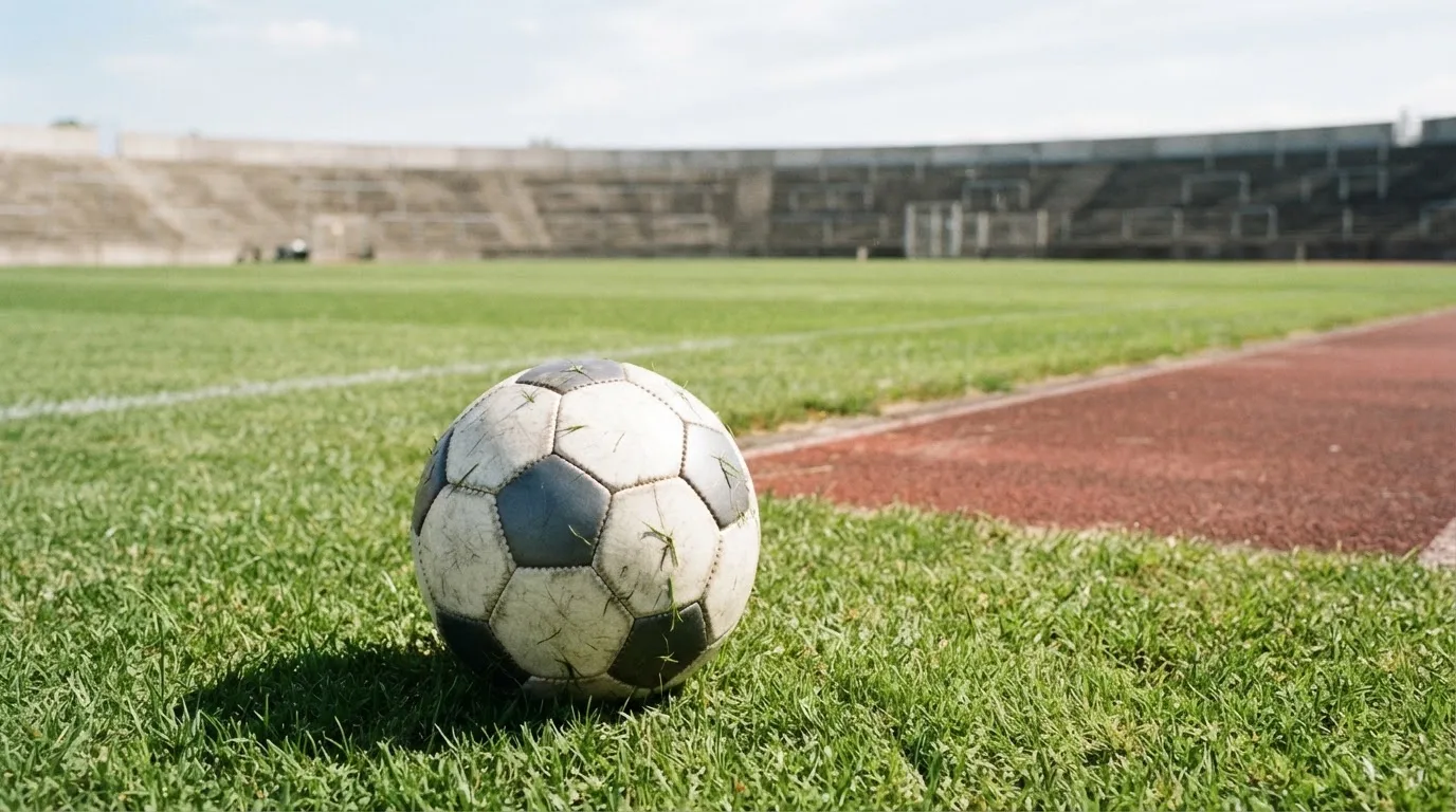 Ein Fußball liegt am Spielfeldrand eines Rasenplatzes, im Hintergrund eine leere Tribüne unter hellem Himmel.