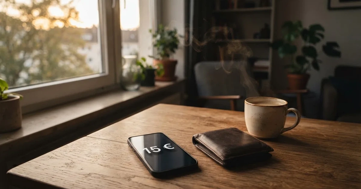 Ein Smartphone mit dunklem Bildschirm liegt auf einem Holztisch neben einem Portemonnaie und einer Kaffeetasse im Fensterlicht.