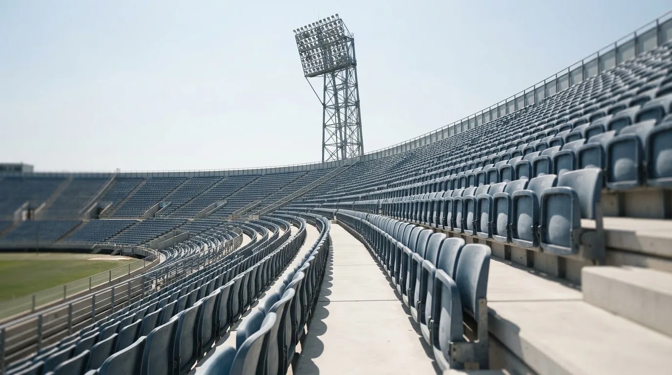 Eine leere Tribüne eines Fußballstadions bei Tageslicht, Sitzschalen in Reihen und dahinter ein Flutlichtmast.