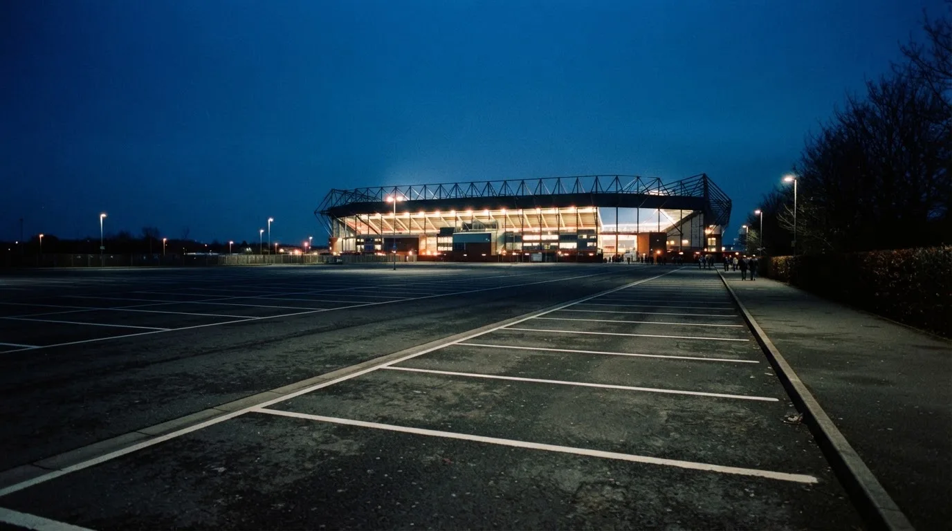 Ein Stadion unter Flutlicht aus der Ferne gesehen, davor ein leerer Parkplatz in der Dämmerung.