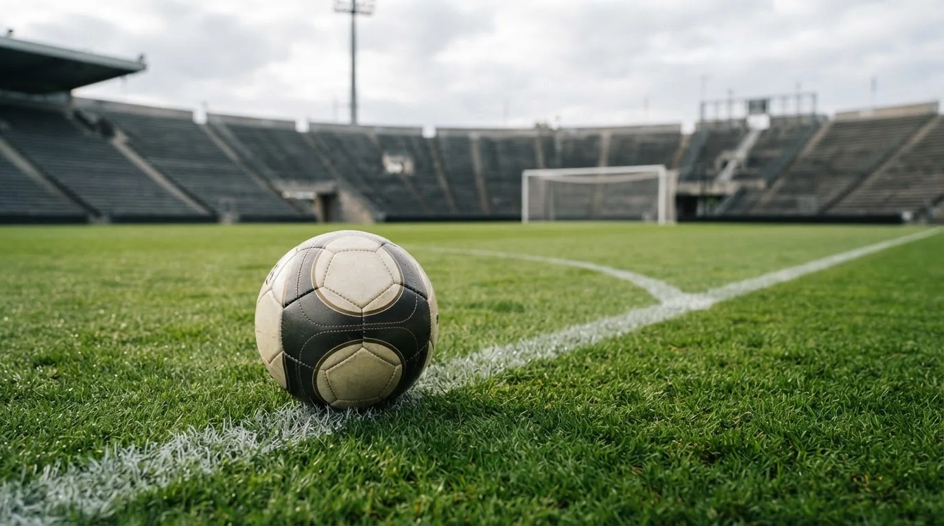 Ein Fußball auf einem Rasen, im Hintergrund ein leeres Stadion bei bewölktem Himmel.