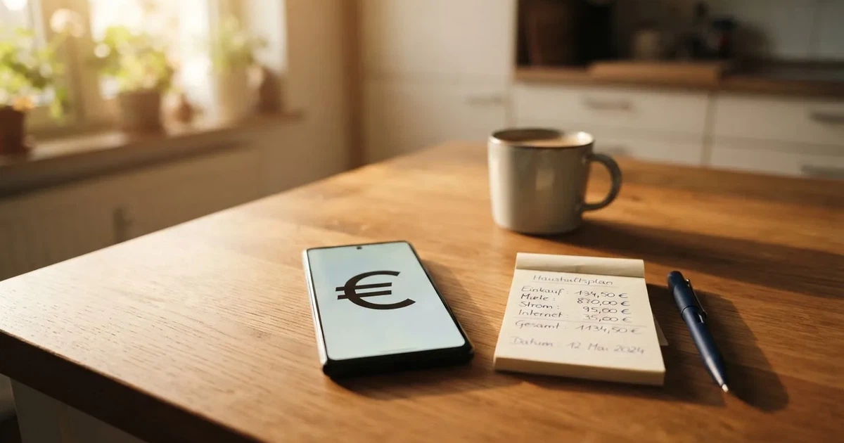 Ein Taschenrechner, ein Stift und ein Smartphone mit dunklem Bildschirm liegen auf einem Küchentisch im Morgenlicht.