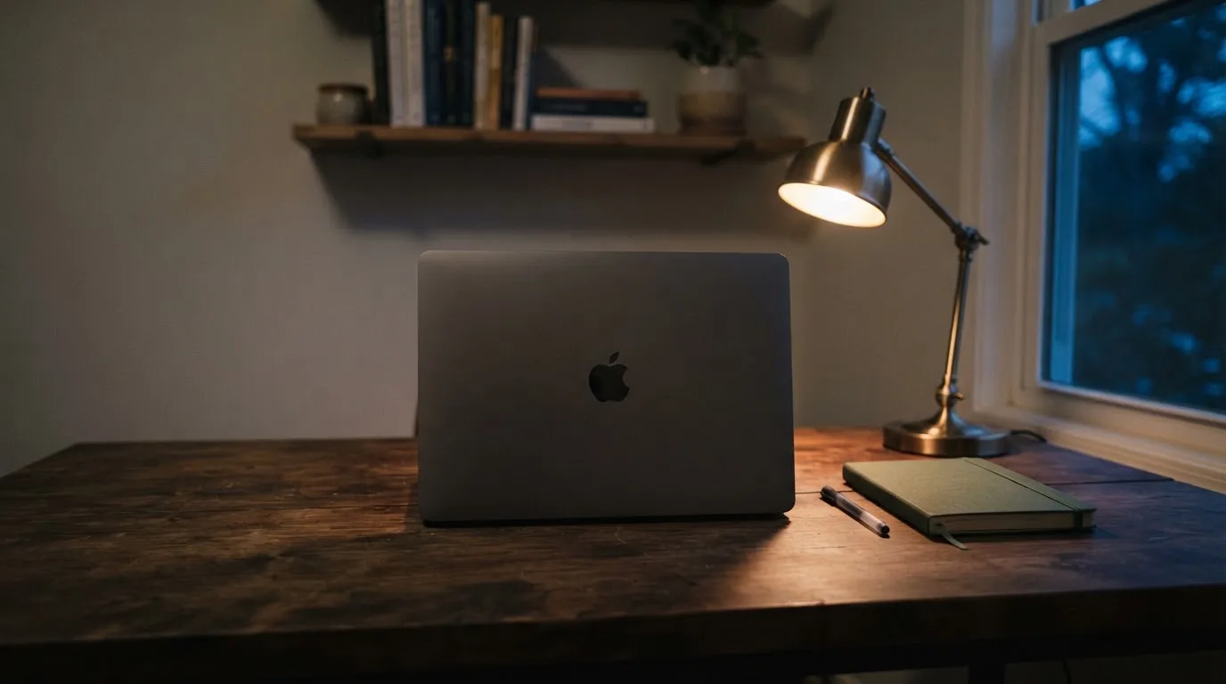 Ein Schreibtisch mit Lampe und geschlossenem Laptop in einem ruhigen Büro bei Abendlicht.
