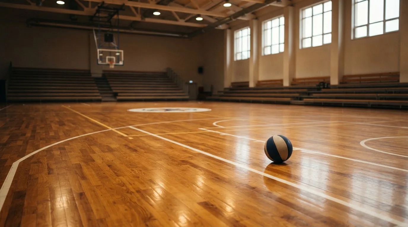 Ein Basketballfeld in einer leeren Halle, das Parkett spiegelt das Deckenlicht.