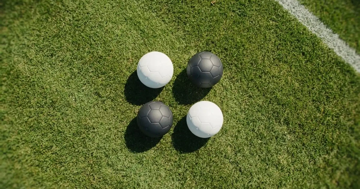 Vier Fußbälle in einem Quadrat auf einem Rasenplatz, von oben fotografiert, mit harten Mittagsschatten.