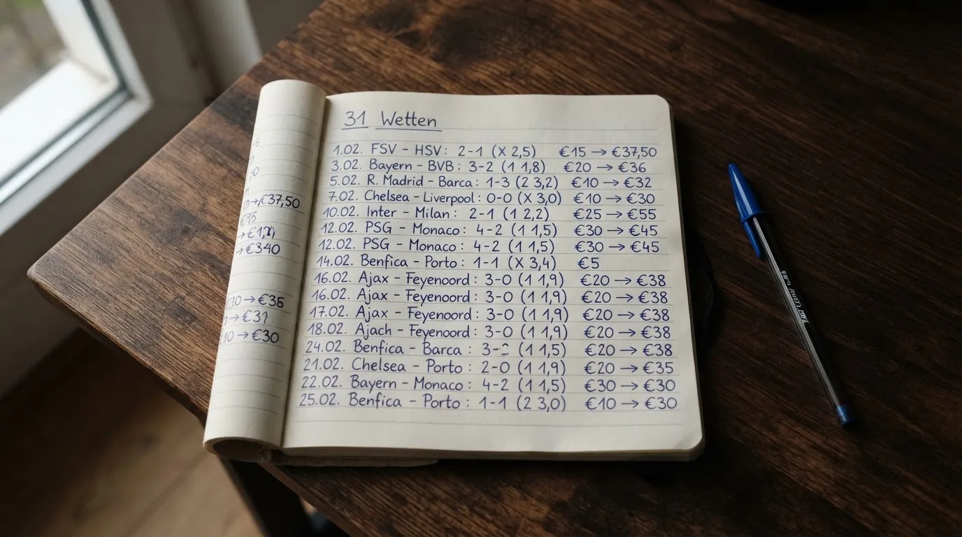 Ein Taschenrechner und ein Notizbuch mit handschriftlichen Zahlenreihen auf einem Schreibtisch neben einem Kugelschreiber.
