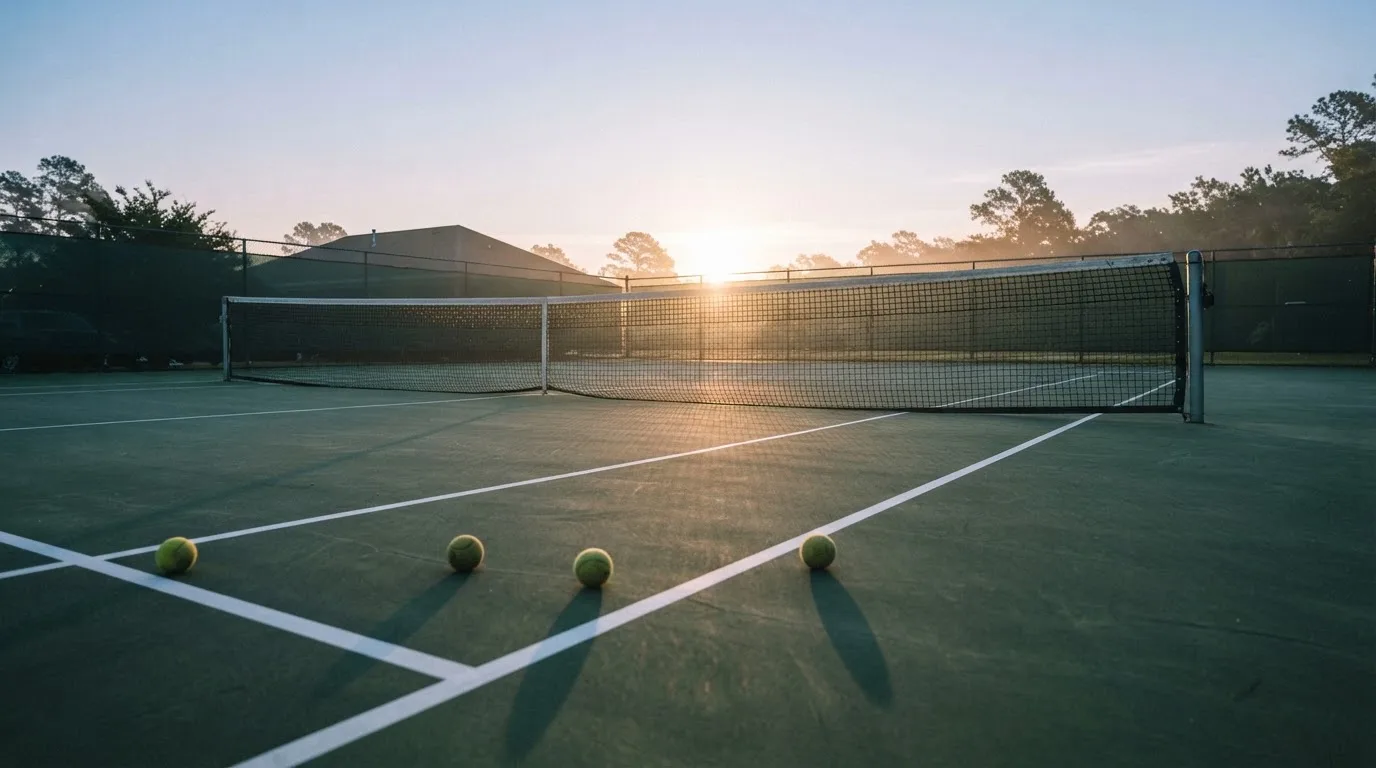 Ein Tennisplatz bei Sonnenaufgang, Netz und Linien im Streiflicht, ohne Menschen.