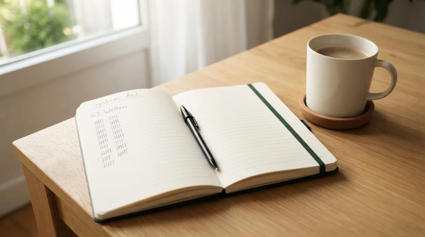 Ein aufgeschlagenes leeres Notizbuch mit Kugelschreiber neben einer Tasse Kaffee auf einem Tisch am Fenster.