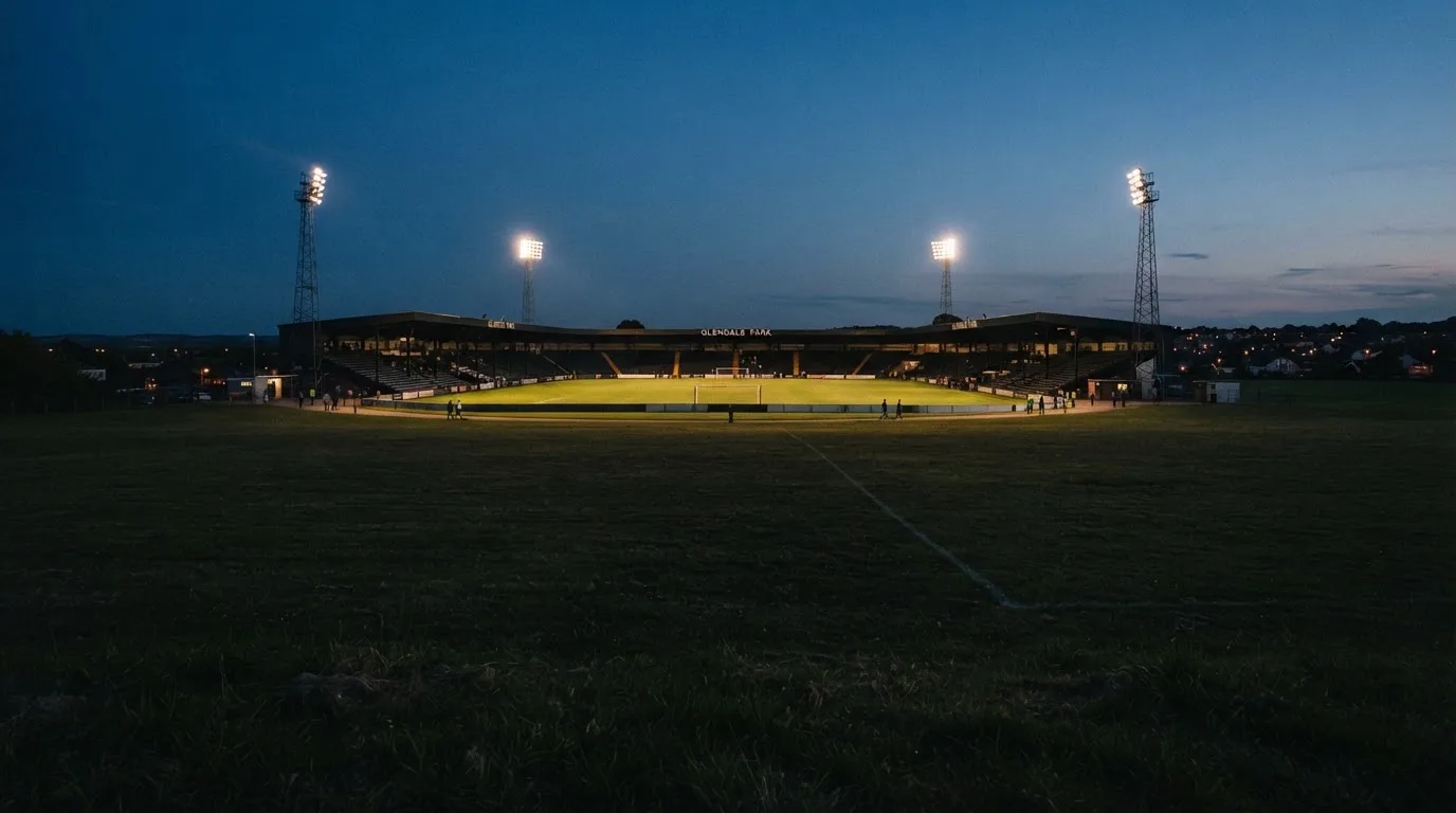 Ein Stadion unter Flutlicht aus der Ferne gesehen, im Vordergrund ein leeres Feld in der Dämmerung.