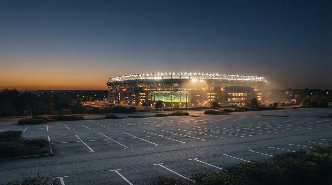 Ein Fußballstadion unter Flutlicht, aus großer Entfernung bei Einbruch der Dunkelheit gesehen, davor ein leerer Parkplatz.