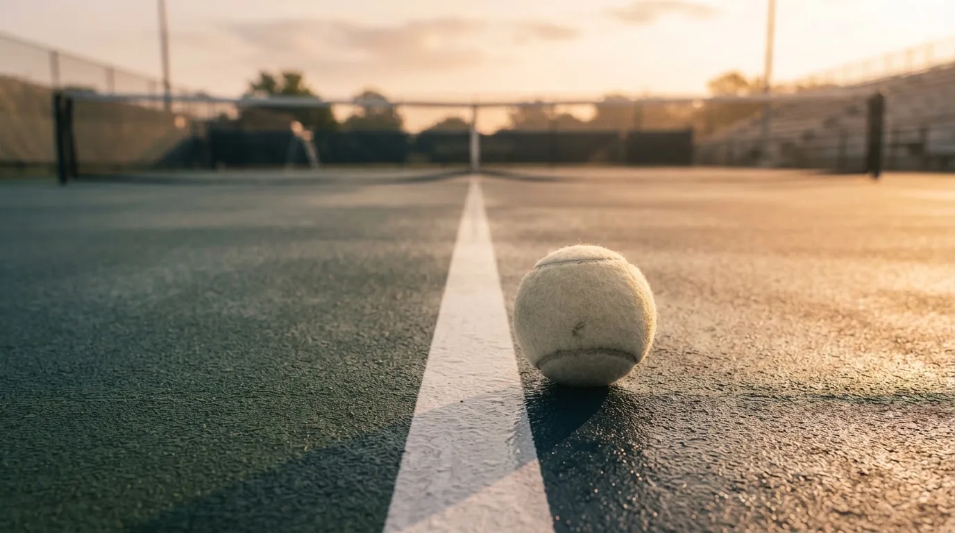 Ein Tennisplatz bei Sonnenaufgang, die Linien noch taufeucht, ein einzelner Ball liegt an der Grundlinie.